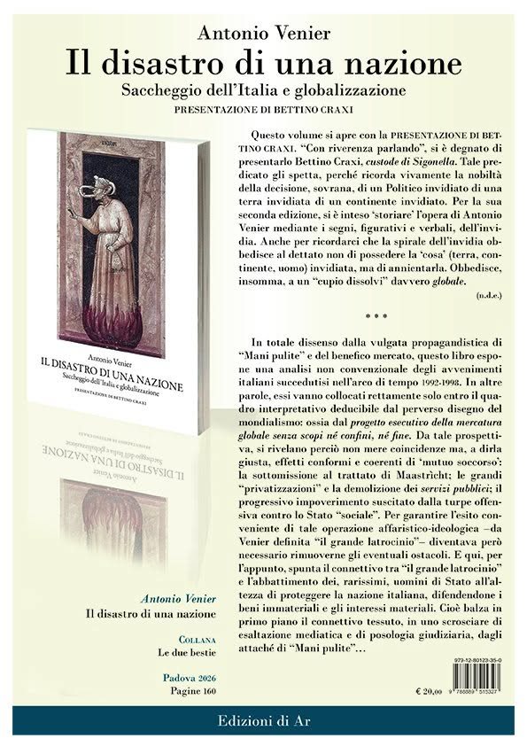 Copertina e quarta di copertina del libro "Il disastro di una nazione" di Antonio Venier, Edizioni di Ar