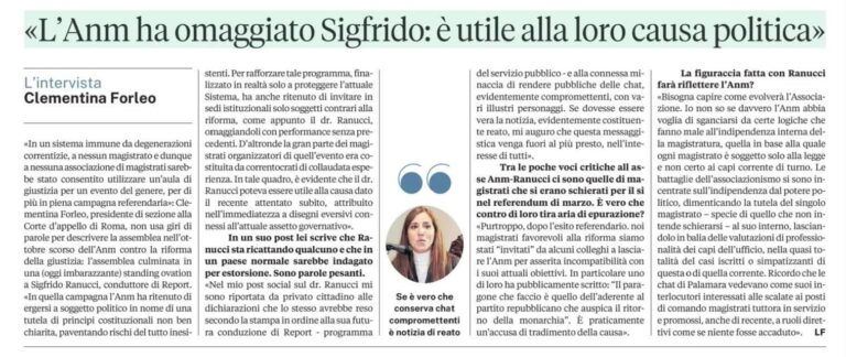 Ritaglio di giornale con l'intervista a Clementina Forleo: "L'Anm ha omaggiato Sigfrido: è utile alla loro causa politica"