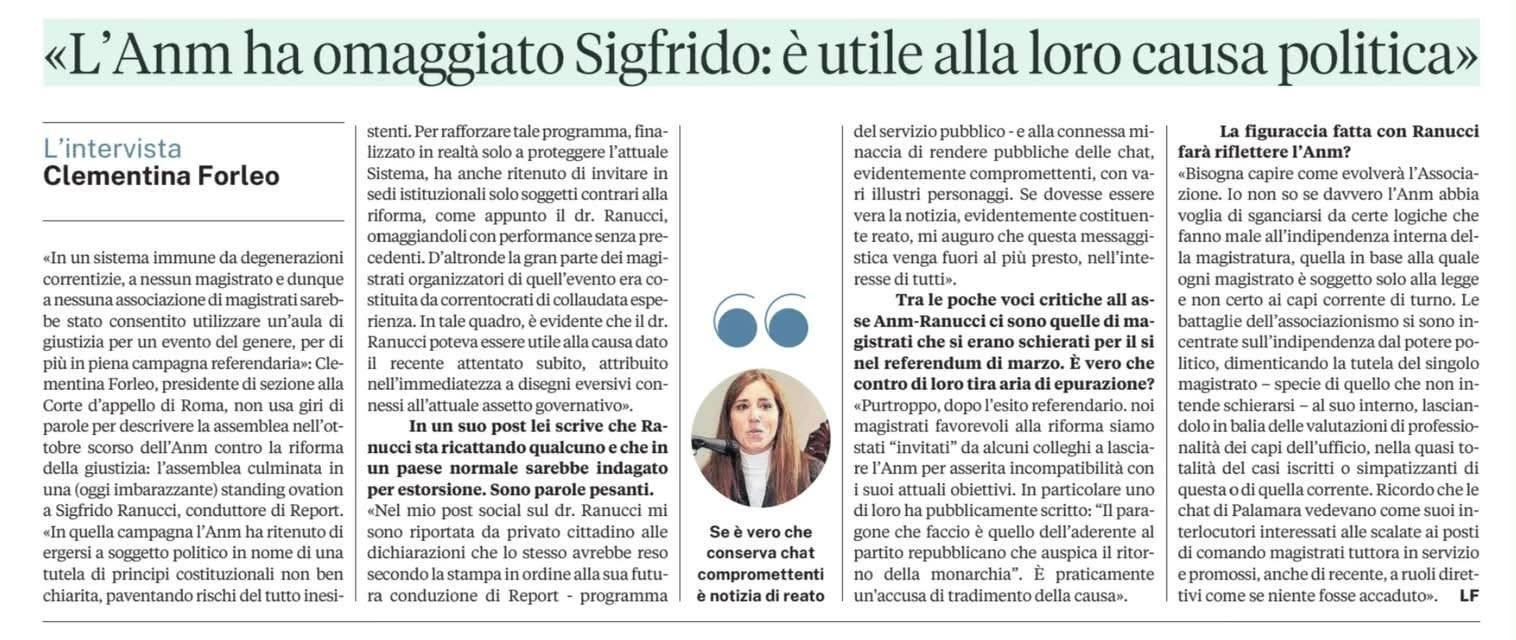 Ritaglio di giornale con l'intervista a Clementina Forleo: "L'Anm ha omaggiato Sigfrido: è utile alla loro causa politica"
