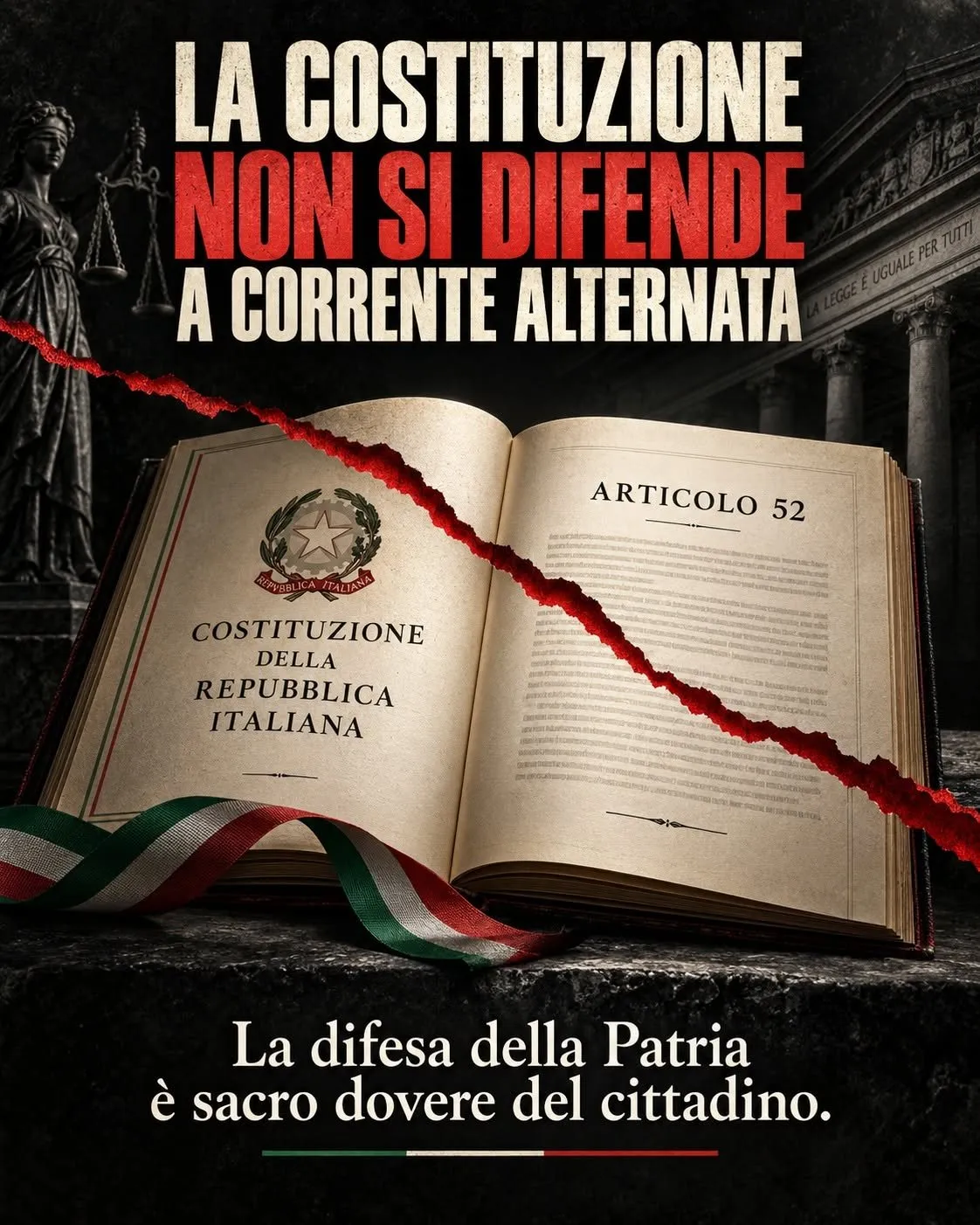 La Costituzione della Repubblica italiana aperta all'articolo 52, attraversata da uno strappo rosso