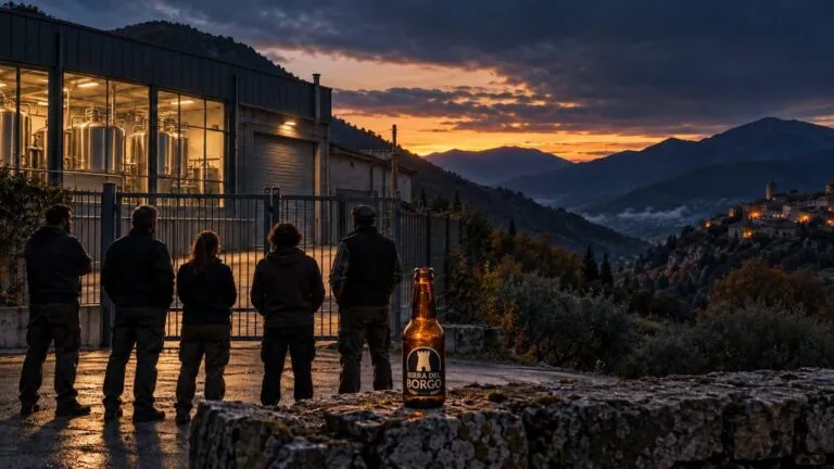 Lavoratori davanti ai cancelli chiusi del birrificio di Borgorose al tramonto