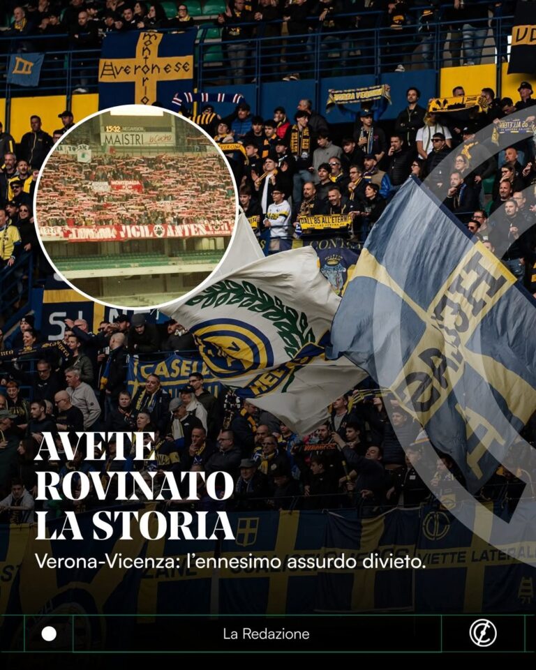 Tifosi del Verona in curva con bandiere gialloblù e la scritta "Avete rovinato la storia"