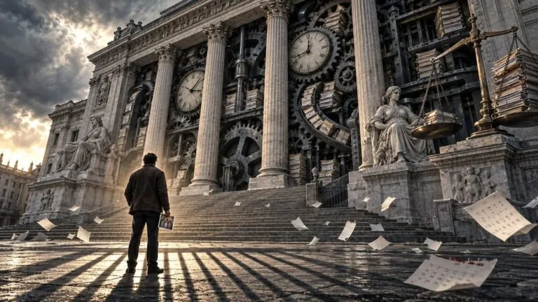 Un uomo di spalle davanti a un tribunale fatto di ingranaggi e orologi, con fogli di carta che volano sulla scalinata